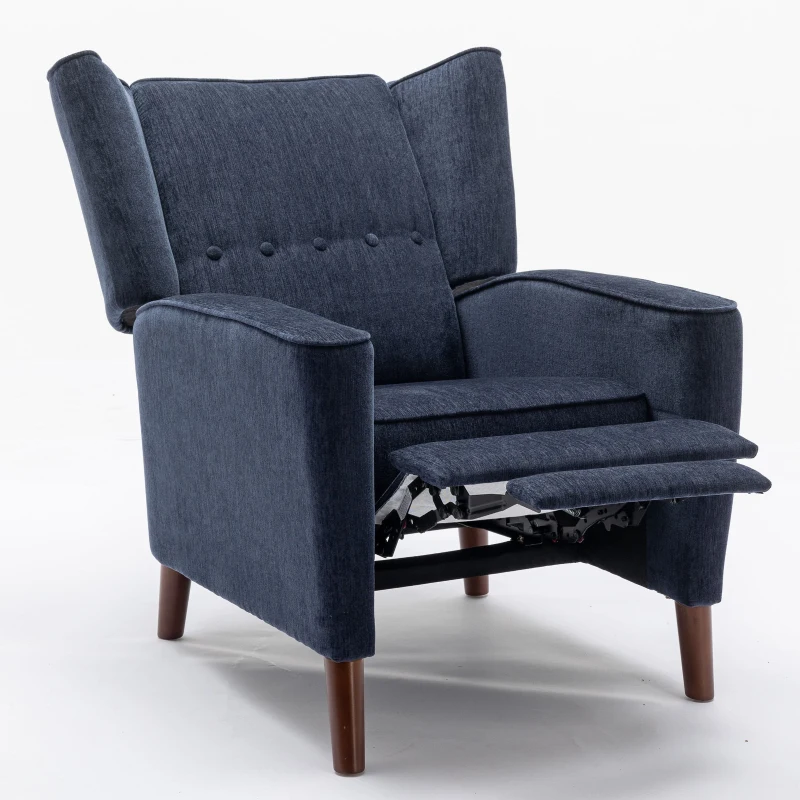 Mid Century Chenille Wingback Recliner Chair with Armrest and Solid Wood Legs, Button Tufted Pushback Recliner, 34.25" x 34.25" x 41.0", Navy Blue