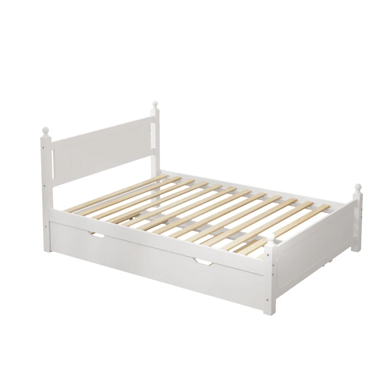 Vinsetto Full Size Solid Wood Platform Bed Frame with Trundle, No Box Spring Needed, Pine Wood and MDF, 79.9"L x 56.2"W x 39"H, White
