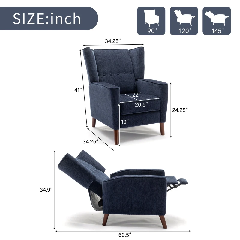 Mid Century Chenille Wingback Recliner Chair with Armrest and Solid Wood Legs, Button Tufted Pushback Recliner, 34.25" x 34.25" x 41.0", Navy Blue