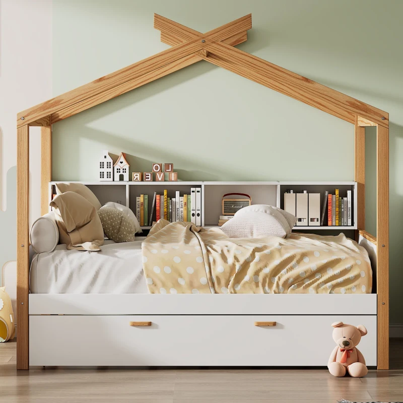 Twin Size Wooden House Bed with Trundle and Bookshelf Storage, Pinewood Frame, 80" x 40.5" x 67", White+Natural