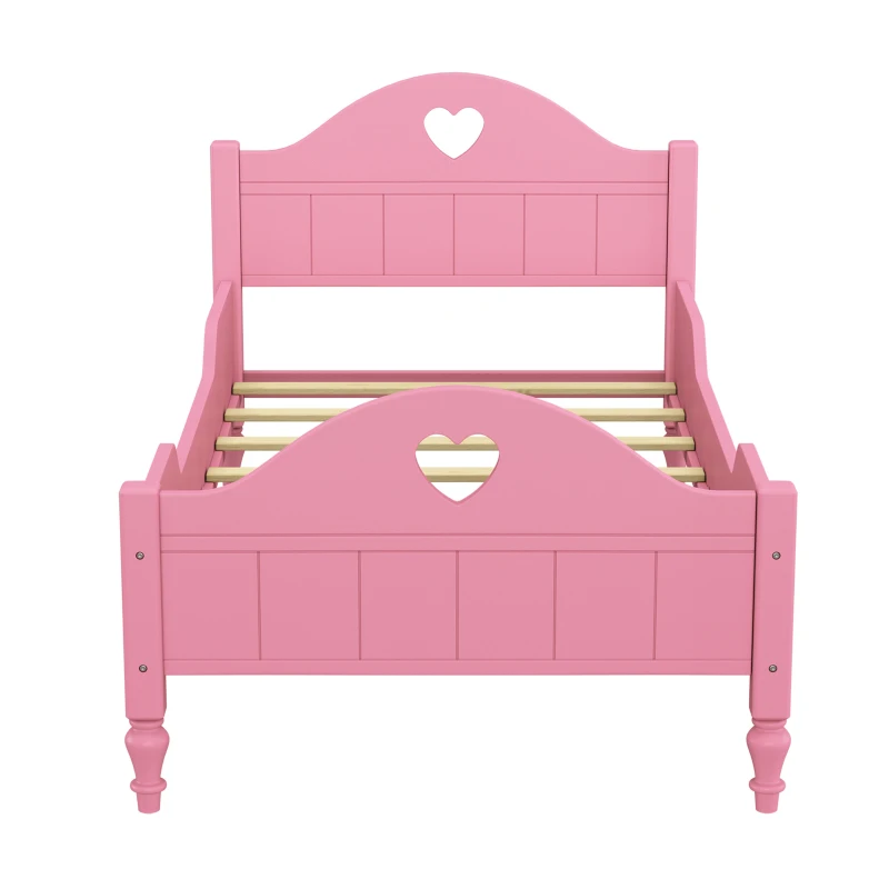 Girl's Princess Twin Toddler Bed with Side Safety Rails, Headboard and Footboard, Solid Wood Frame, 79.9" x 41.3" x 38", Light Pink