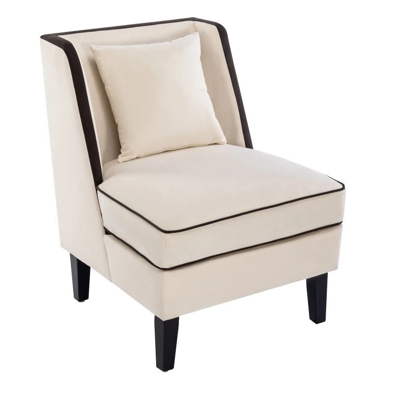 Velvet Upholstered Accent Chair with Black Piping, Thick Padded Cushion, Solid Wood Legs, and Additional Back Pillow, 24.25" x 21" x 26.25", Cream