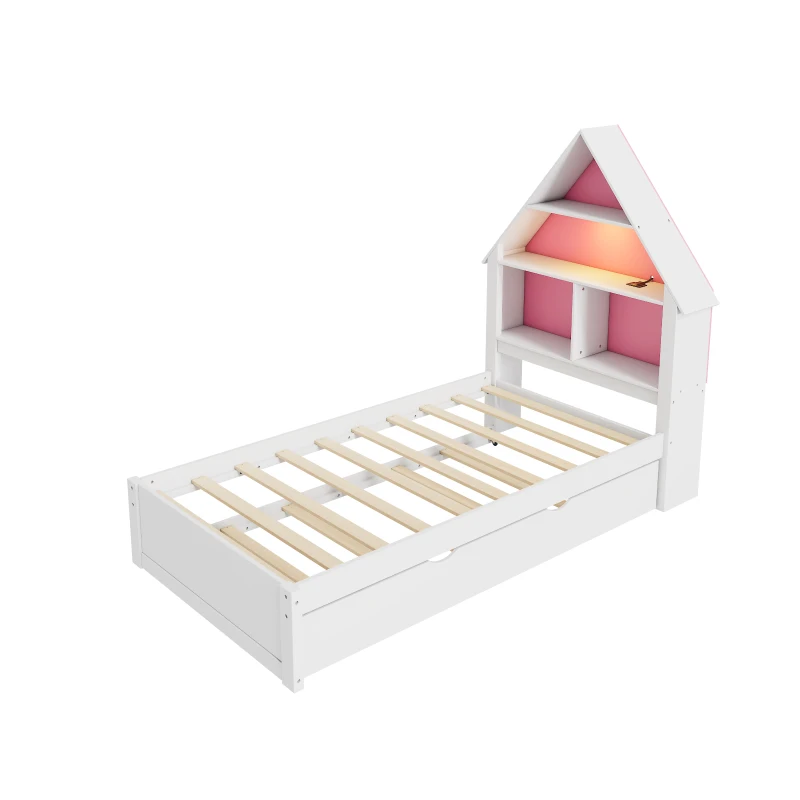 Twin Size House-Shaped Bed with Bookcase Headboard, LED Light, and Trundle for Kids, Solid Pine and MDF Construction, White+Pink