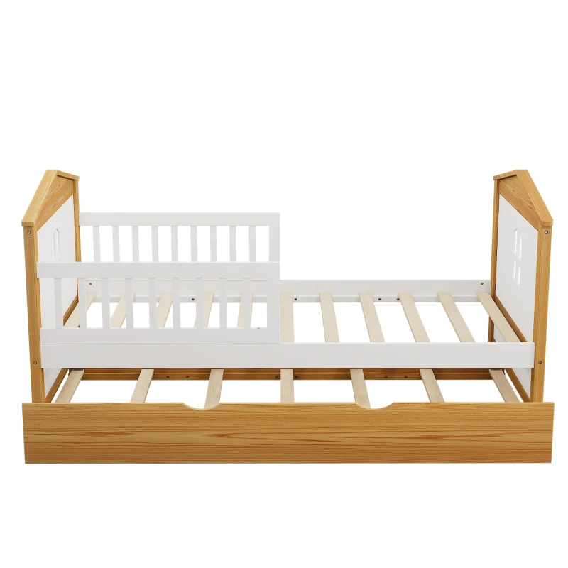 Twin Size House Shape Bed with Trundle, Wooden Bed Frame for Kids, No Box Spring Needed, Pine Wood and MDF, 78.1”L X 42.3”W X 37.2”H, White+Walnut