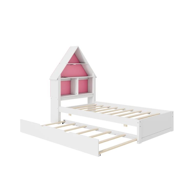 Twin Size House-Shaped Bed with Bookcase Headboard, LED Light, and Trundle for Kids, Solid Pine and MDF Construction, White+Pink