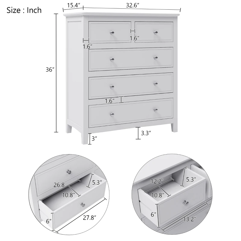 Vinsetto 5-Drawer Solid Wood Chest with Pine Wood Frame, Smooth Glide Drawers and Safety Stops, 40.75" x 35.63" x 18.7", White