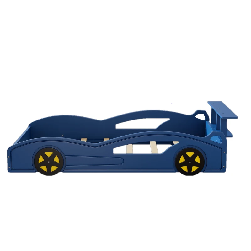 Car-Shaped Platform Twin Bed with Wheels and Storage Space, Safety Rails, Wooden Race Car Bed, 77.6" x 41.3" x 20.6", Blue