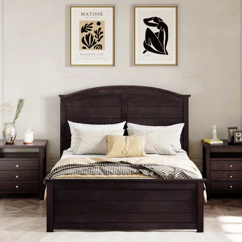 Farmhouse Wooden Platform Twin Size Bed with Curl Design Headboard and Footboard, Sturdy Structure, Easy Assembly, Espresso