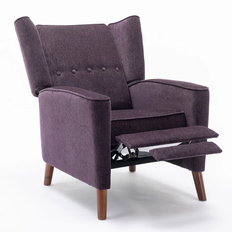 Mid Century Chenille Wingback Recliner Chair with Armrest and Solid Wood Legs, Button Tufted Pushback Recliner, 34.25" x 34.25" x 41.0", Purple