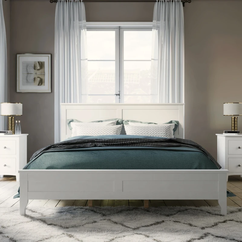 Modern Solid Wood Queen Size Bed, Pine Wood and MDF Frame, Slat Design Headboard, 600 lbs Weight Capacity, No Box Spring Needed, Adjustable Bed Compatible, White