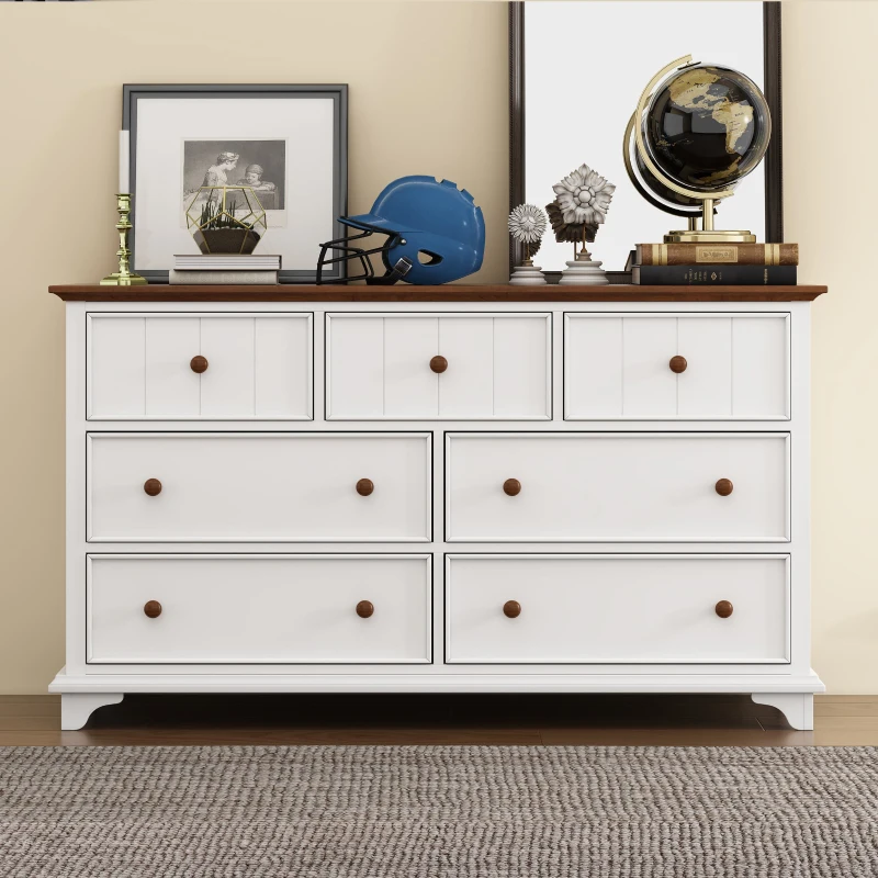 Wooden Captain Seven-Drawer Dresser for Bedroom, Living Room, Kids' Room, Solid Pine, Plywood, and MDF, 61" x 19.7" x 34.8", White+Walnut