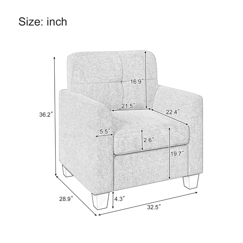 Mid Century Modern Accent Chair with Button Tufted Back and Wood Legs, Cozy Armchair with Removable Back Cushion, High-Density Sponge, 32.5" x 28.9" x 36.2", Gray