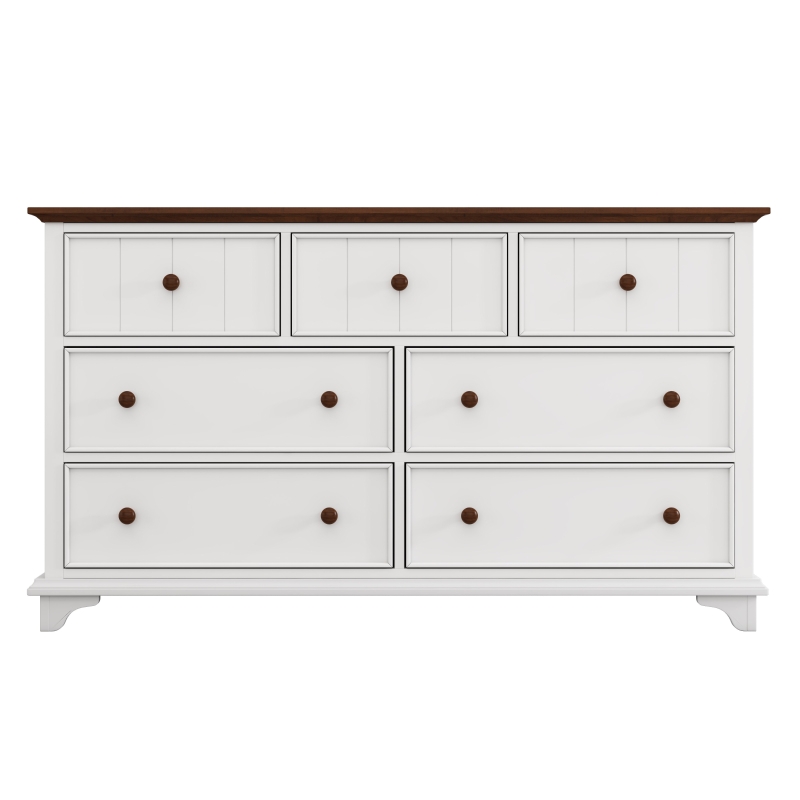 Wooden Captain Seven-Drawer Dresser for Bedroom, Living Room, Kids' Room, Solid Pine, Plywood, and MDF, 61" x 19.7" x 34.8", White+Walnut