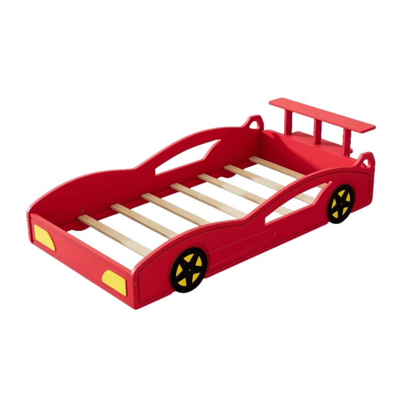 Car-Shaped Platform Twin Bed with Wheels and Storage Space, Safety Rails, and Sturdy Slats, Wooden Race Car Bed, 77.6" x 41.3" x 20.6", Red
