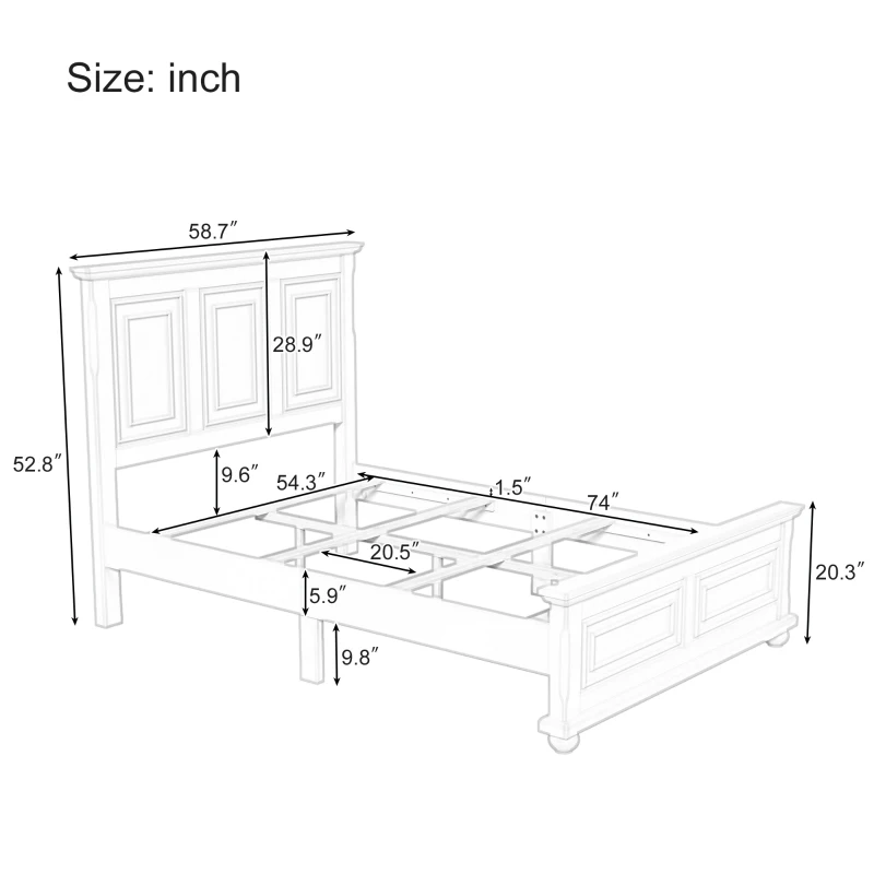 Vinsetto Traditional Town and Country Style Pinewood Vintage Full Bed with Decorative Fretwork, Solid Frame, and No Box Spring Needed, 74" x 58.7" x 52.8", Stone Gray