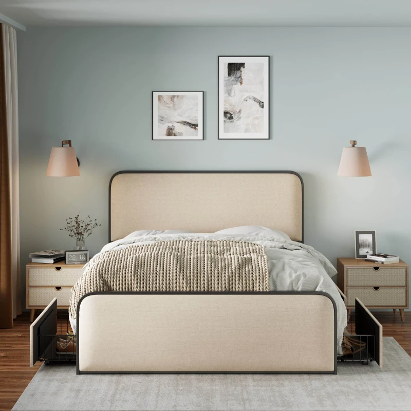 Vinsetto Modern Queen Size Metal Bed Frame with Curved Upholstered Headboard and Footboard, 4 Storage Drawers, Heavy Duty Metal Slats, Beige