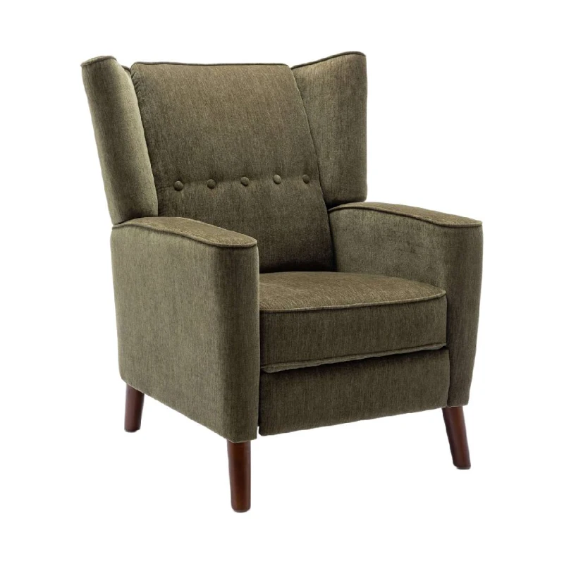 Mid Century Chenille Wingback Recliner Chair with Armrest and Solid Wood Legs, Button Tufted Pushback Recliner, 34.25" x 34.25" x 41.0", Green