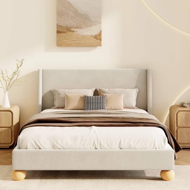 Vinsetto Modern King Size Velvet Upholstered Platform Bed with Wingback Headboard and Round Wooden Legs, No Box Spring Needed, 85”L X 82.7”W X 42.9”H, Cream