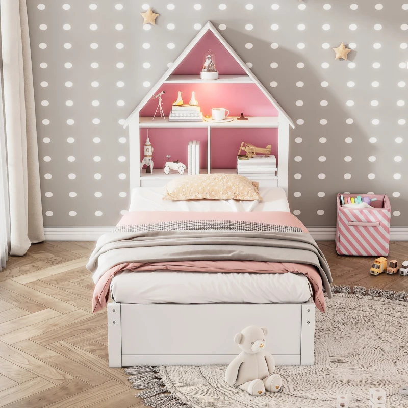 Twin Size House-Shaped Bed with Bookcase Headboard, LED Light, and Trundle for Kids, Solid Pine and MDF Construction, White+Pink
