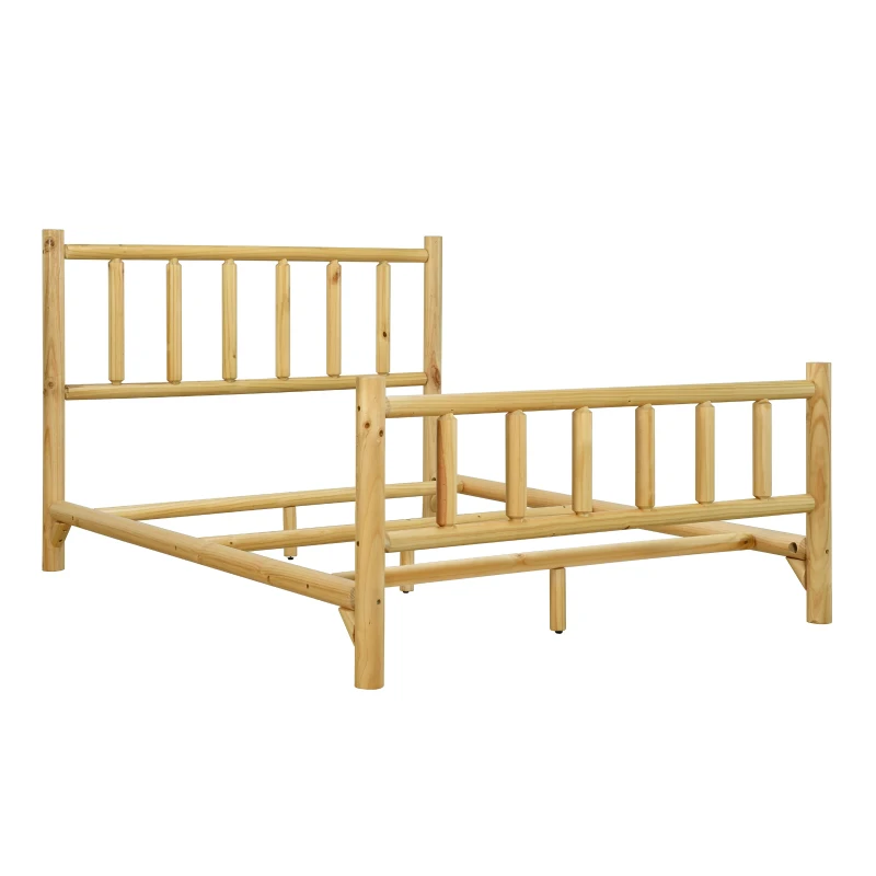 Vinsetto Farmhouse Queen Size Log Bed Frame, Rustic Solid Pine Cylinder Construction, Fits Mattresses and Box Springs, Natural Finish, 85.8" x 65.9" x 48.0", Natural