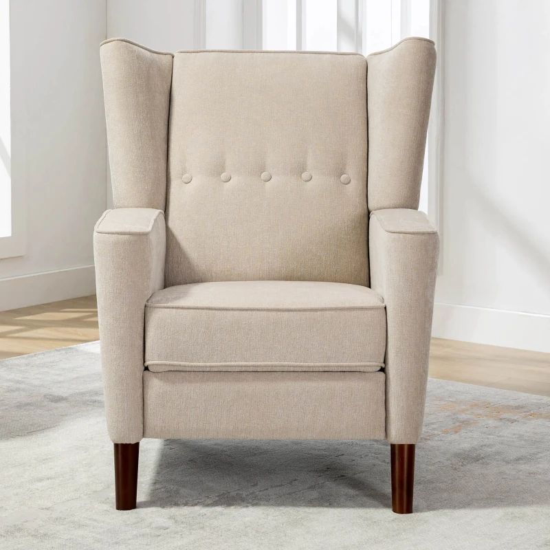 Mid Century Chenille Wingback Recliner Chair with Armrest and Solid Wood Legs, Button Tufted Pushback Recliner, 34.25" x 34.25" x 41.0", Tan