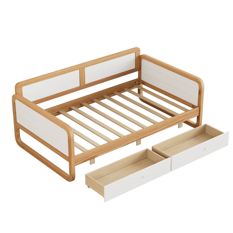 Vinsetto Twin Size Solid Wood Daybed with 2 Storage Drawers, No Box Spring Needed, Smooth Edges, Pine Wood Frame, 78.1" x 41.4" x 29.1", White+Walnut