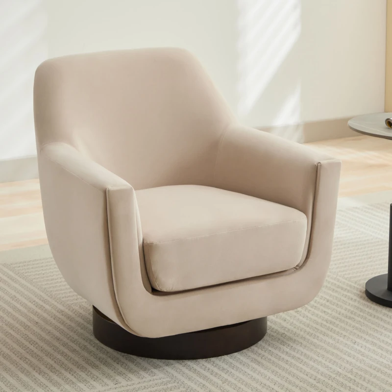 U-shaped Fully Assembled Swivel Velvet Accent Chair with Solid Wood Base and High-Density Foam Cushion, 30.7" x 30.7" x 30.9", Beige