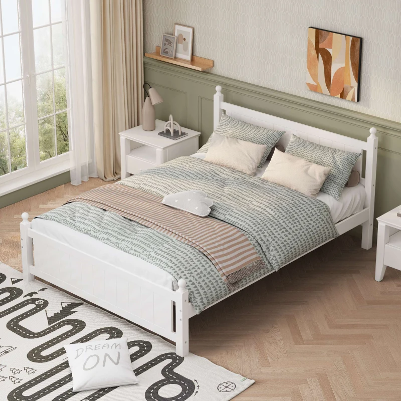 Vinsetto Queen Size Solid Wood Platform Bed Frame for Kids, Teens, Adults, No Box Spring Needed, Pine Wood and MDF, 85.2"L x 62.5"W x 39"H, White