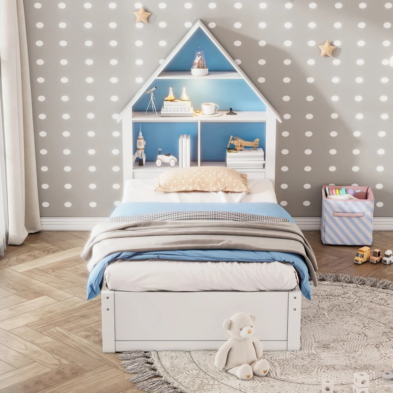 Twin Size House-Shaped Bed with Bookcase Headboard, LED Light, and Trundle for Kids, Solid Pine and MDF Construction, 79.92" x 18.31" x 5.91", White+Blue