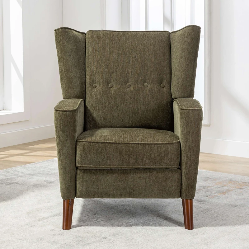 Mid Century Chenille Wingback Recliner Chair with Armrest and Solid Wood Legs, Button Tufted Pushback Recliner, 34.25" x 34.25" x 41.0", Green