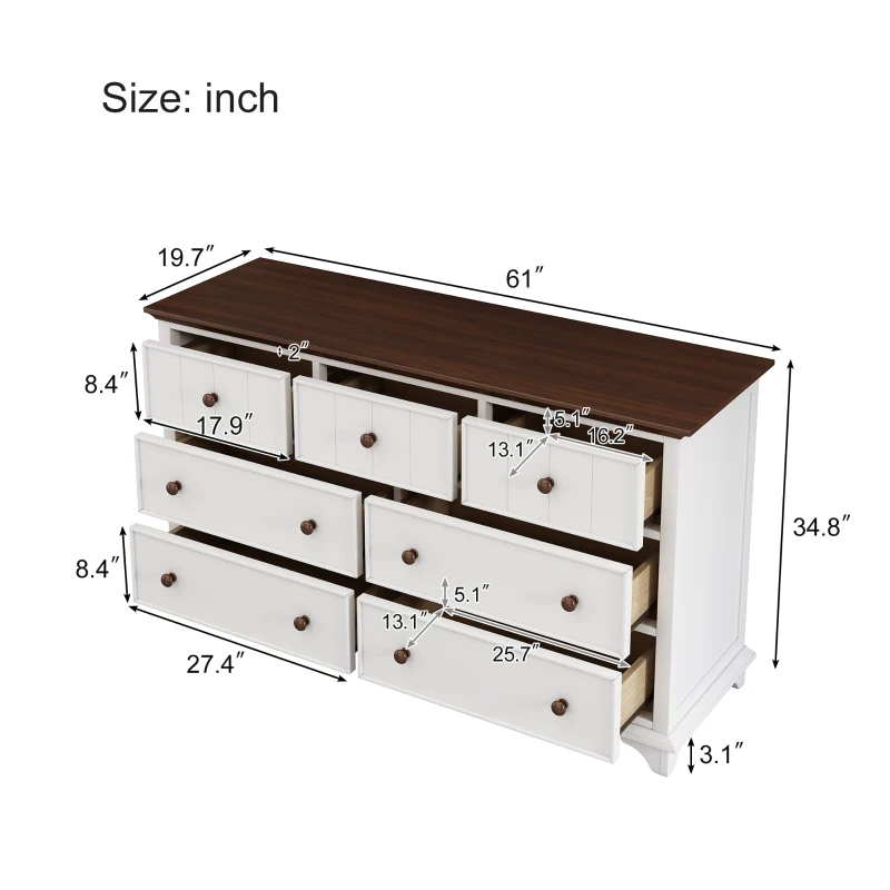 Wooden Captain Seven-Drawer Dresser for Bedroom, Living Room, Kids' Room, Solid Pine, Plywood, and MDF, 61" x 19.7" x 34.8", White+Walnut