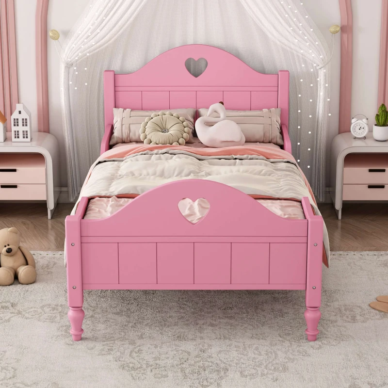 Girl's Princess Twin Toddler Bed with Side Safety Rails, Headboard and Footboard, Solid Wood Frame, 79.9" x 41.3" x 38", Light Pink