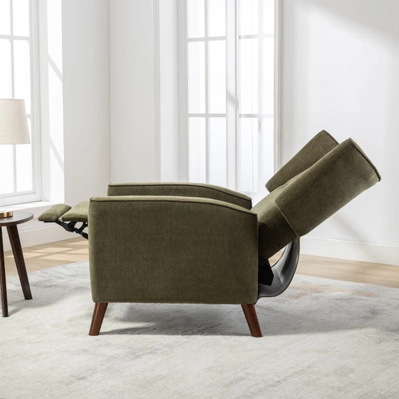 Mid Century Chenille Wingback Recliner Chair with Armrest and Solid Wood Legs, Button Tufted Pushback Recliner, 34.25" x 34.25" x 41.0", Green