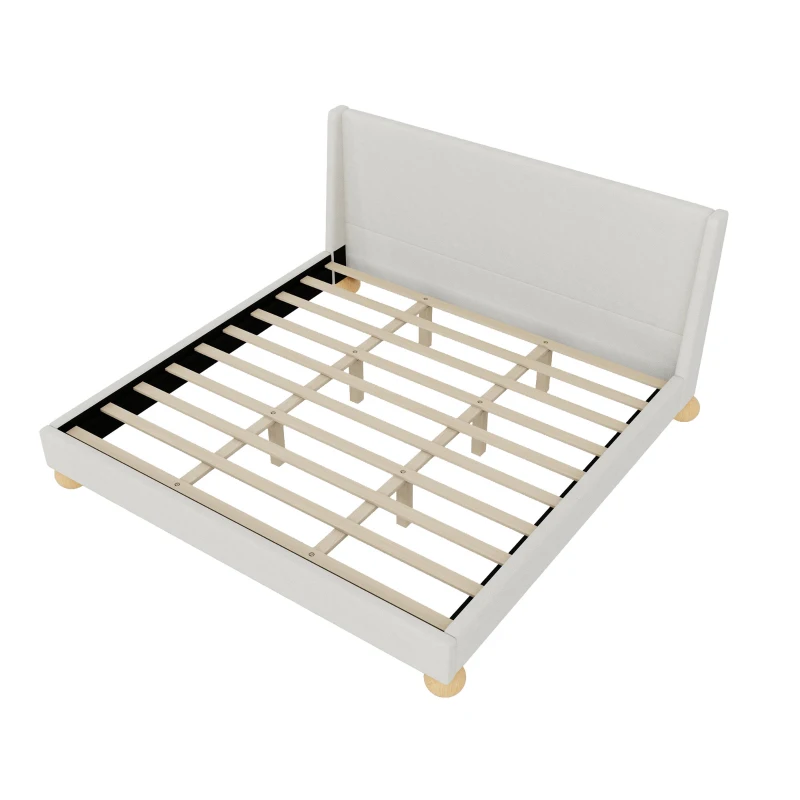 Vinsetto Modern King Size Boucle Upholstered Platform Bed with Wingback Headboard, Round Wooden Legs, No Box Spring Needed, 85”L X 80”W X 42.9”H, Beige