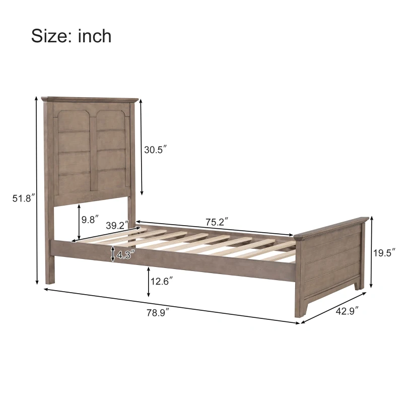 Vinsetto Farmhouse Wooden Platform Twin Size Bed with Panel Design Headboard and Footboard, Sturdy Structure, Easy Assembly, No Box Spring Needed, Ash Brown