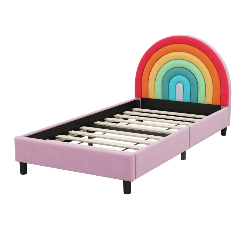 Rainbow Design Upholstered Twin Platform Bed, Cute Style Princess Bed for Boys & Girls, Sturdy Construction, No Box Spring Needed, Kids-Friendly, 80.3”L x 41.33”W x 38”H, Colorful+Pink