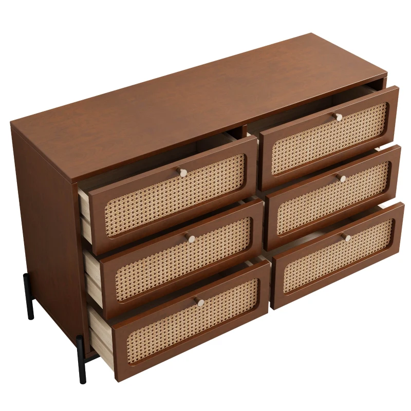 Vinsetto Modern Cannage Rattan Wood Closet 6-Drawer Dresser, Storage Cabinet Sideboard for Bedroom, Living Room, Entryway, Hallway, 47" x 15.7" x 30", Walnut