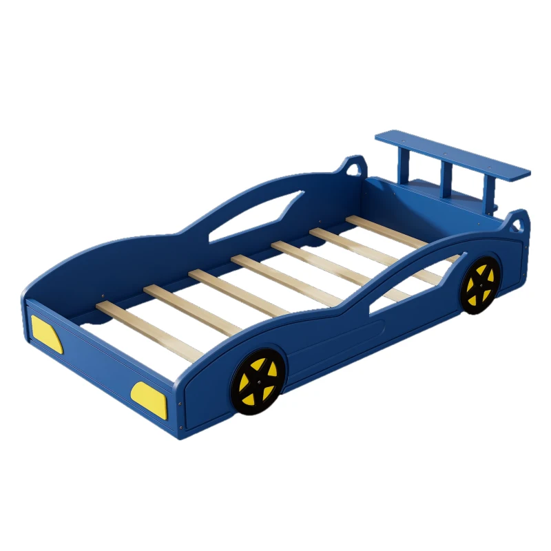 Car-Shaped Platform Twin Bed with Wheels and Storage Space, Safety Rails, Wooden Race Car Bed, 77.6" x 41.3" x 20.6", Blue