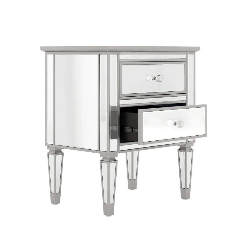 Elegant Mirrored Side Table with 2 Drawers, Modern Silver Finish, Crystal Handles, and Arrow-Shape Legs, 24" x 18.1" x 28.3", Silver