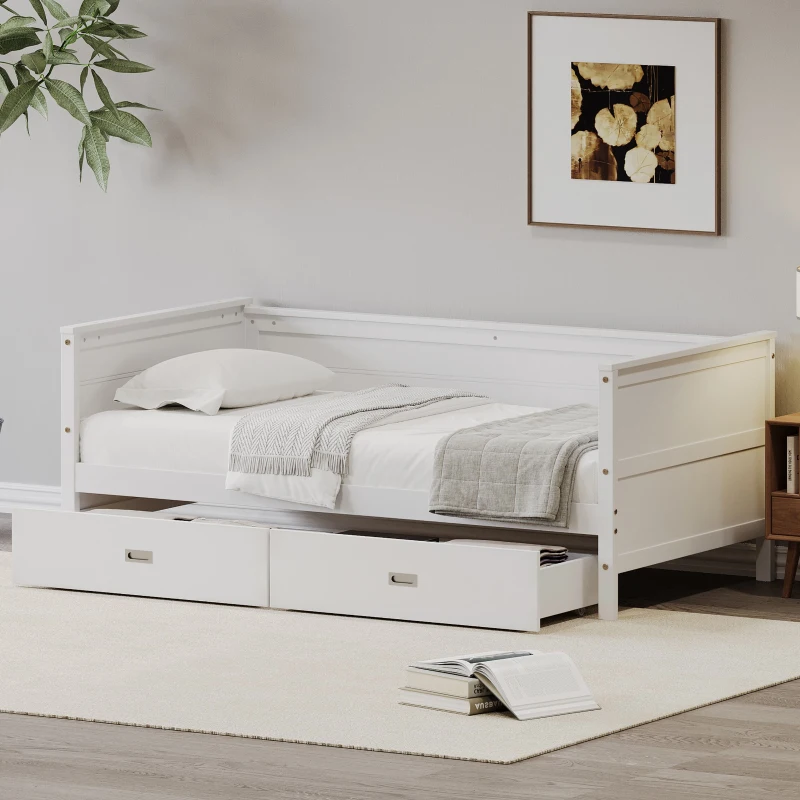 Vinsetto Twin Size Solid Wood Daybed with Two Drawers, No Box Spring Needed, Pine Wood Frame, 79"L x 41"W x 29.5"H, White