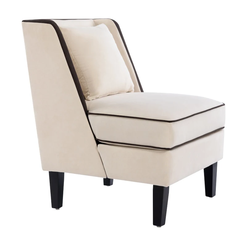 Velvet Upholstered Accent Chair with Black Piping, Thick Padded Cushion, Solid Wood Legs, and Additional Back Pillow, 24.25" x 21" x 26.25", Cream