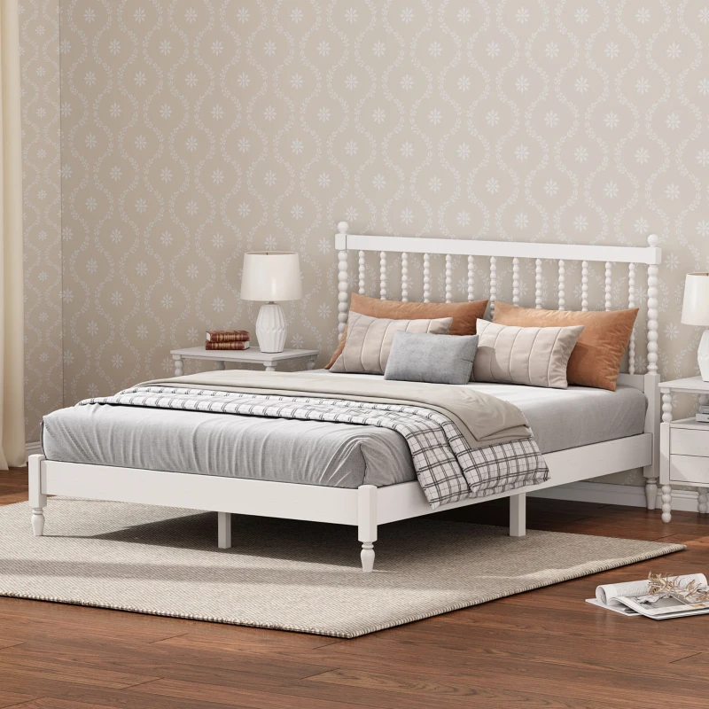 Vinsetto King Size Wood Platform Bed with Gourd Shaped Headboard, Sturdy Pinewood Support, No Box Spring Needed, 83.9" x 78.7" x 44.9", Antique White