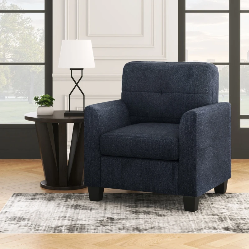 Mid Century Modern Accent Chair with Button Tufted Back and Wood Legs, Cozy Armchair with Removable Wide Backrest, 21.5'' Wide Seat Cushion, 5.5'' Wide Armrest, 32.5" x 28.9" x 36.2", Dark Blue