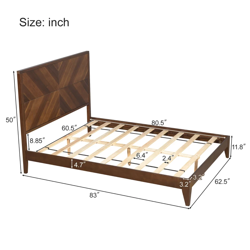 Vinsetto Mid-Century Modern Queen Size Platform Bed with Solid Pine Wood Frame, Wood Slat Support, No Box Spring Needed, 500 lbs Weight Capacity, Easy Assembly, Walnut