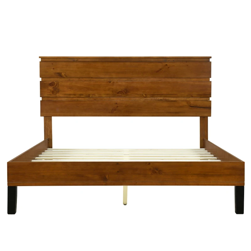 Mid-Century Modern Solid Wood Queen Bed Frame with Three-Piece Headboard, No Box Spring Needed, Easy Assembly, Brown