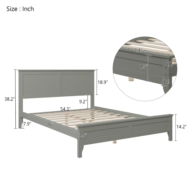 Vinsetto Modern Solid Wood Full Platform Bed, Pine Wood and MDF Frame, Slat Design Headboard, 600 lbs Weight Capacity, No Box Spring Required, 79.92" x 54.33" x 38.2", Gray