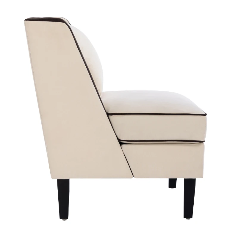 Velvet Upholstered Accent Chair with Black Piping, Thick Padded Cushion, Solid Wood Legs, and Additional Back Pillow, 24.25" x 21" x 26.25", Cream