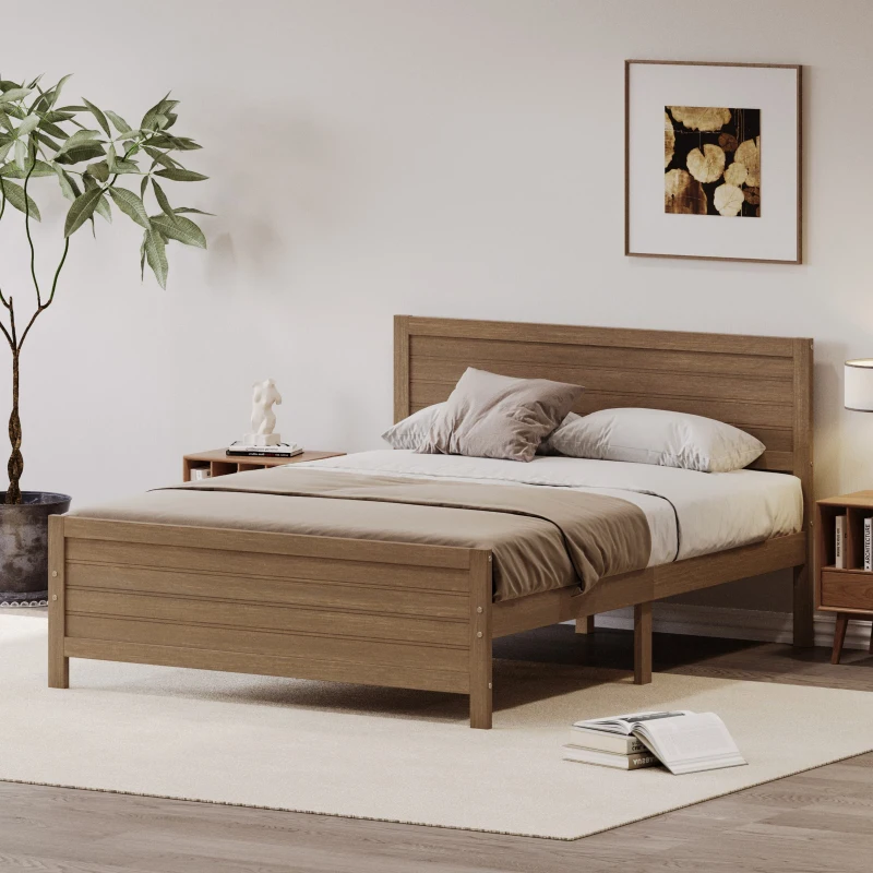 Vinsetto Farmhouse Style Queen Size Wood Platform Bed Frame with Headboard, Mattress Foundation with Wood Slat Support, No Box Spring Needed, 6.06" Underbed Clearance, 500 lbs Weight Capacity, Walnut