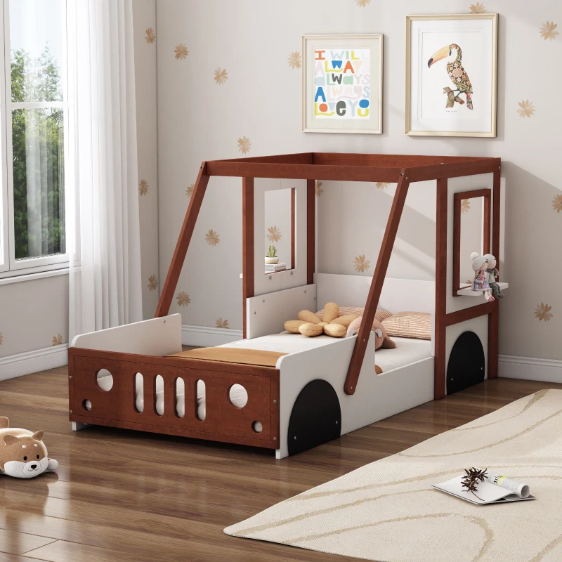 Twin Size Car Bed for Kids, Solid Wood Frame, Fun Play Design with Wheels, Doors, and Windows, 77" x 41.3" x 41.1", White+Orange