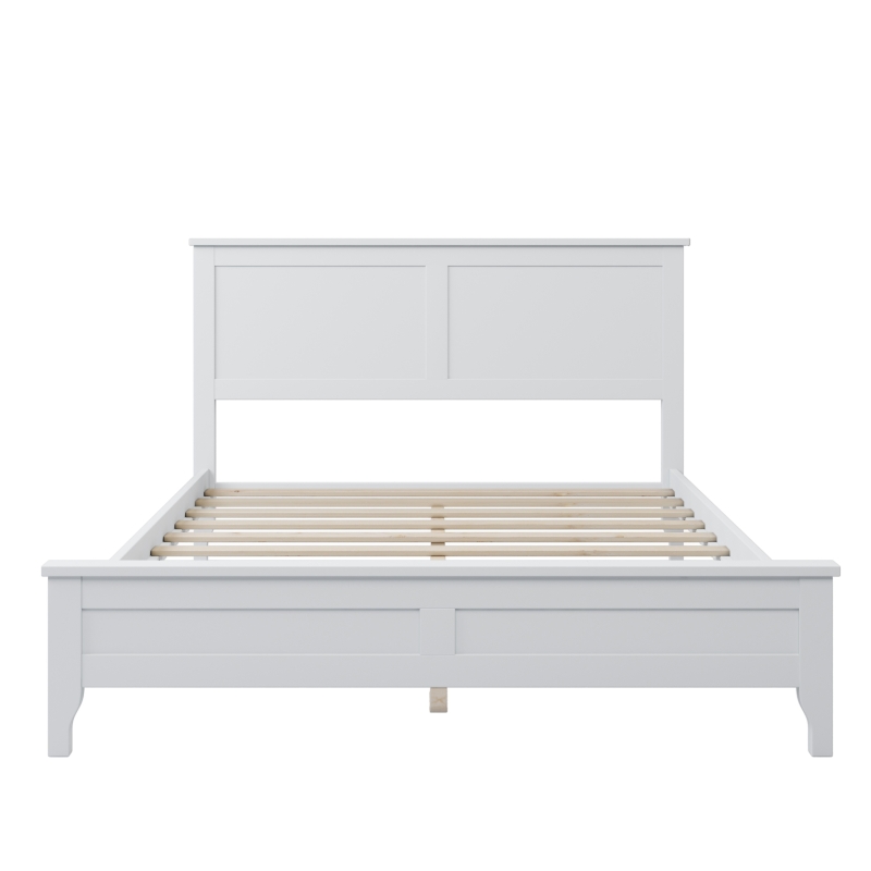 Modern Solid Wood Full Platform Bed, Pine Wood and MDF Frame, Slat Design Headboard, 600 lbs Capacity, No Box Spring Required, Adjustable Bed Compatible, White
